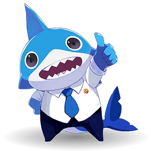 A blue shark Jiajia is smiling while raising its fin.